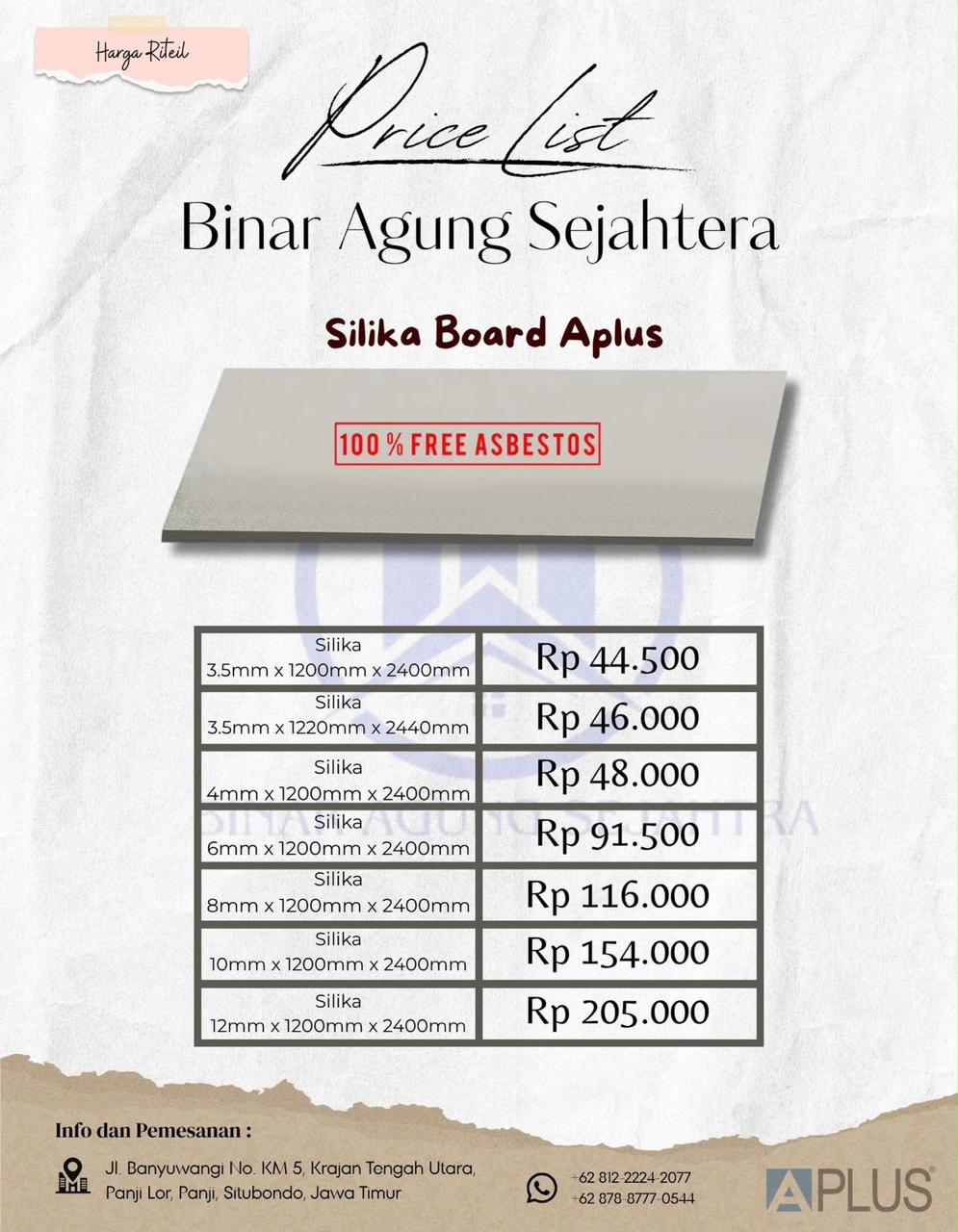 Silika Board Aplus 3,5mm x 1200mm x 2400mm